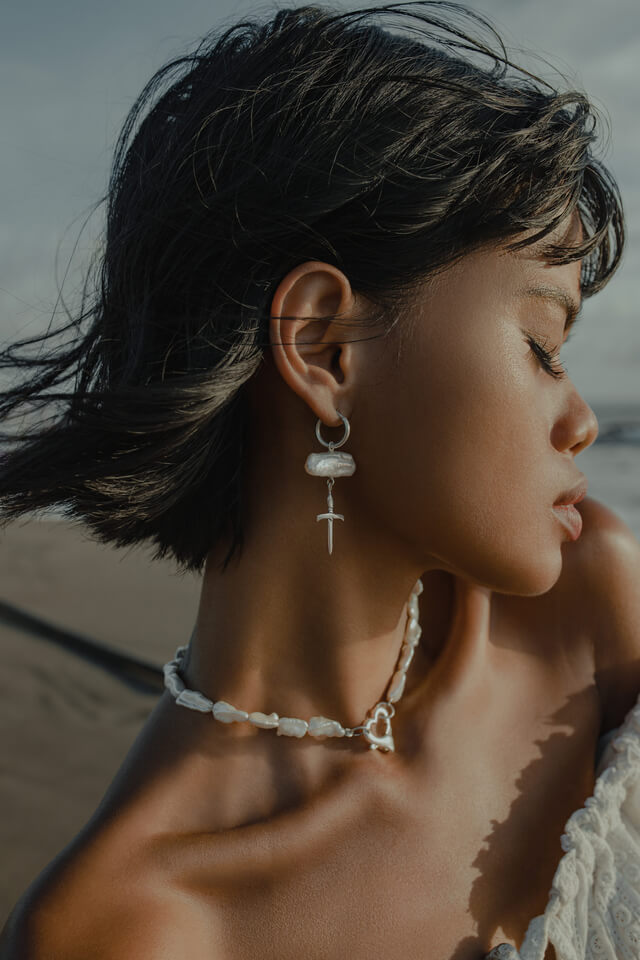 Earrings "Rose Pearl Sword"